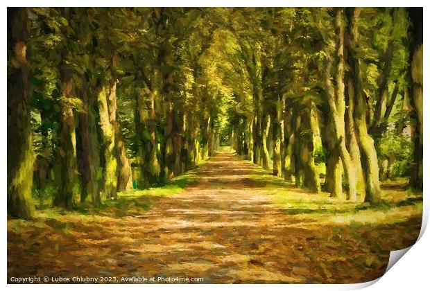 Oil painting pathway through the autumn forest.  Print by Lubos Chlubny