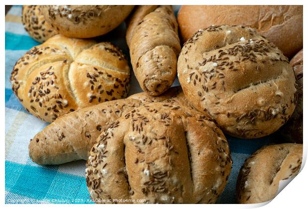 Heap of various bread rolls sprinkled with salt, caraway and sesame. Fresh rustic bread from leavened dough. Assortment of freshly of bakery products Print by Lubos Chlubny