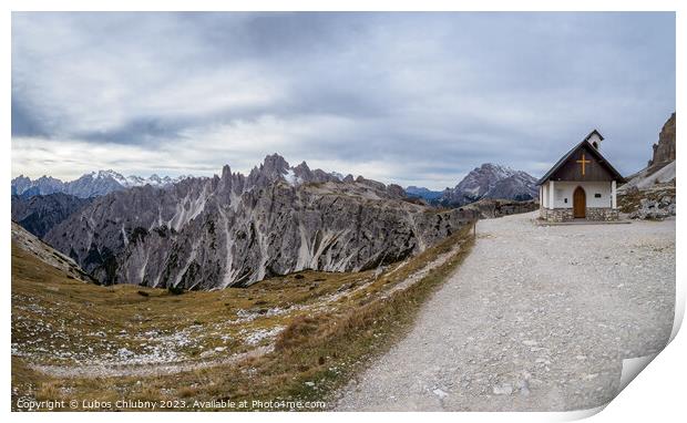 View on mountain small chapel in the Tre Cime Di Laveredo National Park. Dolomite Alps mountains, Trentino Alto Adige region, Dolomites, Italy Print by Lubos Chlubny