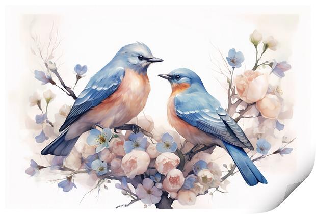 Pair of blue birds in spring nature. Pastel color style in blue tones - Generative AI Print by Lubos Chlubny