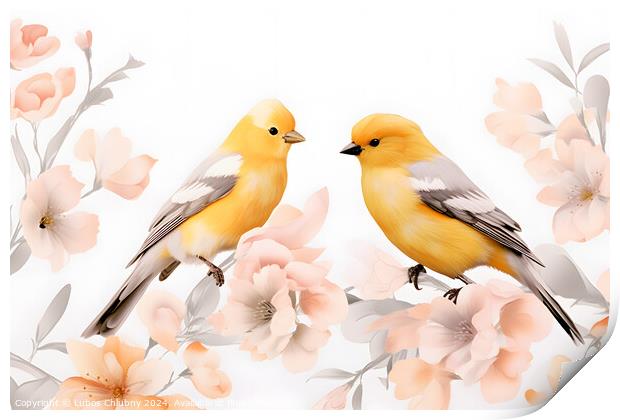 Pair of yellow birds in spring nature. Pastel color style in pink tones - Generative AI Print by Lubos Chlubny
