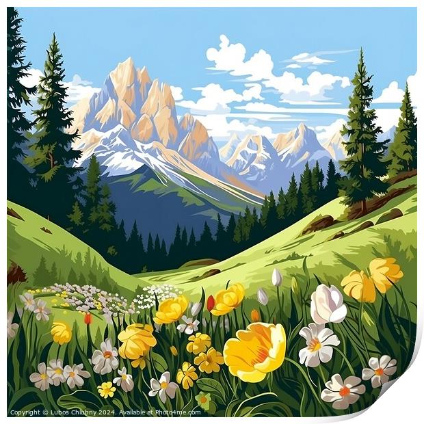 Spring in the mountains of the Italian Dolomites. Cartoon landscape with nature. Generative AI Print by Lubos Chlubny