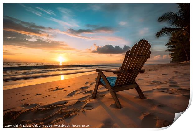 Beach chair on tropical beach at sunset. Generative AI Print by Lubos Chlubny