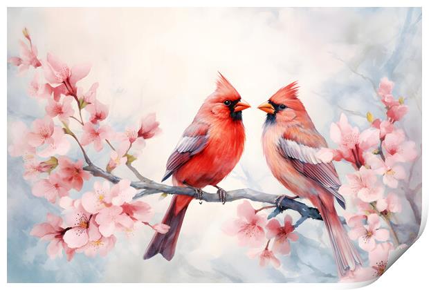 Pair of red birds Northern Cardinals in spring nature. Pastel color style in pink tones - Generative AI Print by Lubos Chlubny