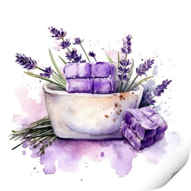 Watercolor illustration of lavender flowers and lavender soap in bowl - Generative AI Print by Lubos Chlubny