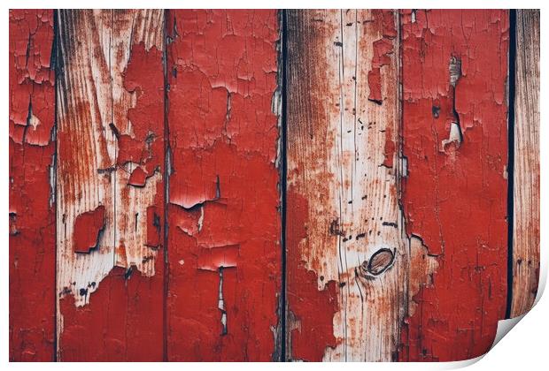 Wooden rustic background with peeled red paint. Generative AI Print by Lubos Chlubny