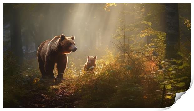 Bear with cubs in the forest and sun rays shining through the trees. Generative AI Print by Lubos Chlubny