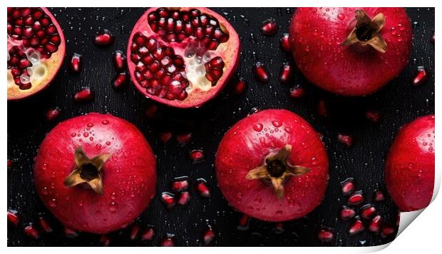 Pomegranate fruits on dark background, top view. Generative AI Print by Lubos Chlubny
