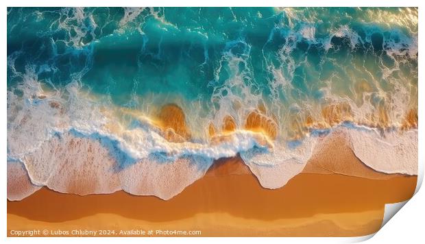 Top view of ocean waves on sandy beach landscape. Beautiful seascape background. Generative AI Print by Lubos Chlubny