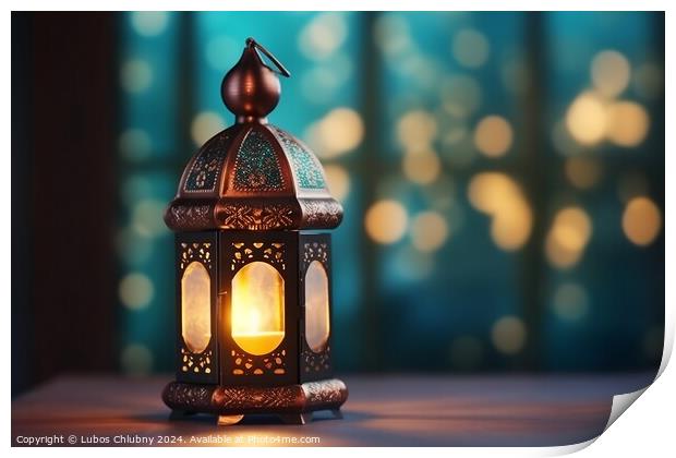 Ornamental Arabic lantern with burning candle glowing at night. Muslim holy month Ramadan Kareem. Digital art Print by Lubos Chlubny