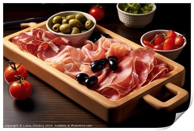 Wooden tray with prosciutto, tomatoes and black olives. Generative AI Print by Lubos Chlubny