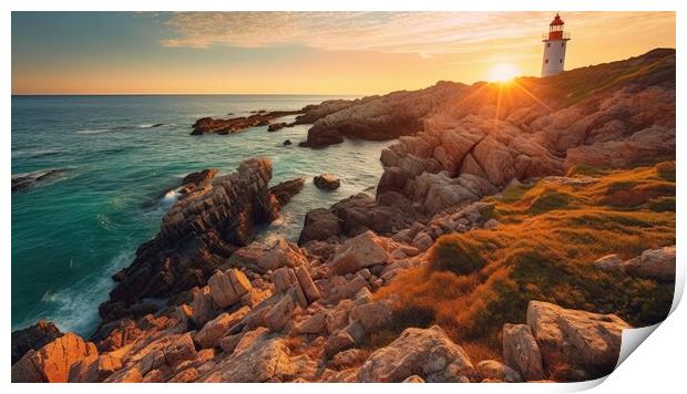 Colorful morning scene of Sardinia, Italy, Europe. Fantastic sunrise on Capo San Marco Lighthouse on Del Sinis peninsula. Generative AI Print by Lubos Chlubny