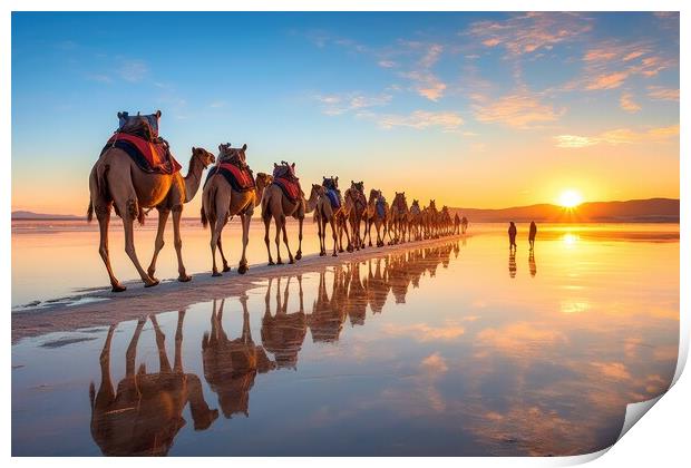 Caravan of camels on the salt lake at sunrise. Generative AI Print by Lubos Chlubny
