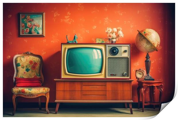 Vintage TV against the wall. Retro style. Generative AI Print by Lubos Chlubny