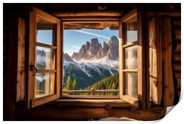 View from the window of the beautiful mountain landscape, the Dolomites. Generative AI Print by Lubos Chlubny