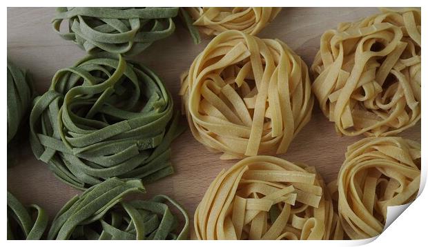 Fresh homemade egg pasta tagliatelle. Raw homemade pasta. Fettuccine pasta raw. Print by Irena Chlubna
