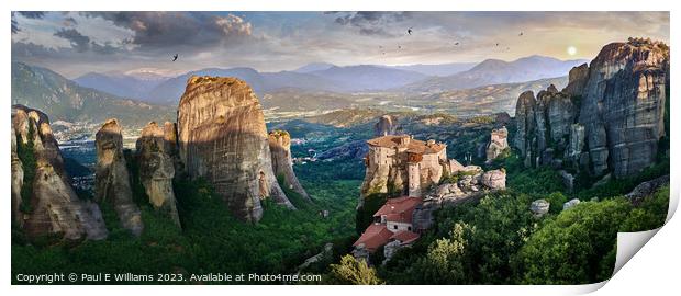 The stunning rock pillar Top Meteora Monastery of Rossanou at sunrise Print by Paul E Williams