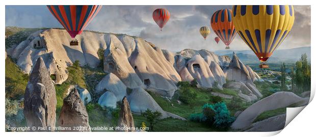 Hot Air Balloons Over Spectacular Rock Formations Cappadocia Print by Paul E Williams