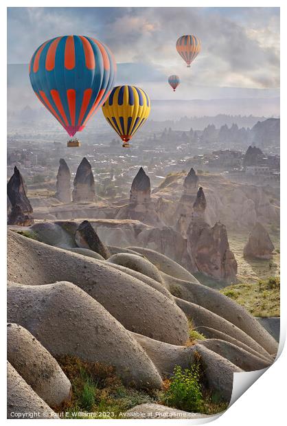 Hot Air Balloons Over Fairy Chimney Police Station Cappadocia Print by Paul E Williams