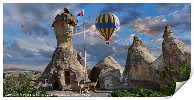 Hot Air Balloons Over Fairy Chimney Police Station Cappadocia Print by Paul E Williams