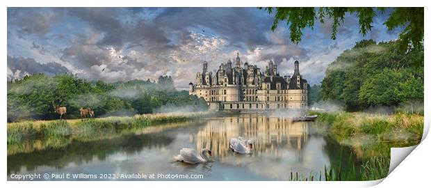 The impressive iconic Chateau de Chambord in early morning mist Print by Paul E Williams