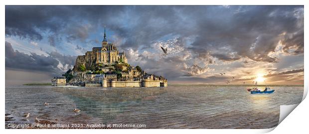 The Beautiful Mont St Michel cut off  surrounded by sea & sunrise Print by Paul E Williams
