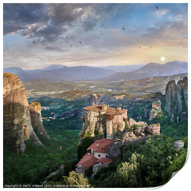 The Spectacular Rock Top Meteora Monastery of Rosanou at Sunrise Print by Paul E Williams