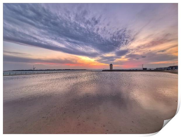 Sunset cloudscape and colours over the Brightlingsea tidal pool and Batemans Tower.  Print by Tony lopez