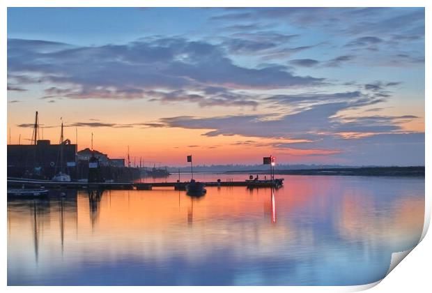 Sunrise colours and reflections over Brightlingsea Harbour in Essex  Print by Tony lopez