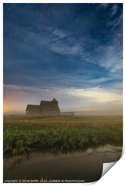 Night sky over Thomas a Becket church Print by Derek Griffin