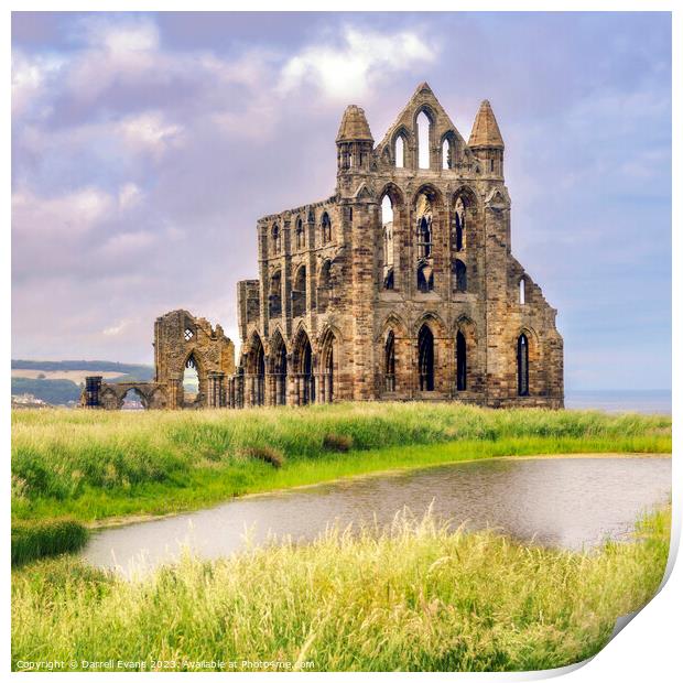 Whitby Abbey and pond Print by Darrell Evans