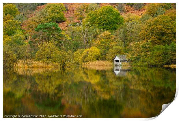 Autumn trees and boathouse Print by Darrell Evans