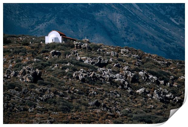 Chapel on mountainside in Crete Greece Print by Chris Mann