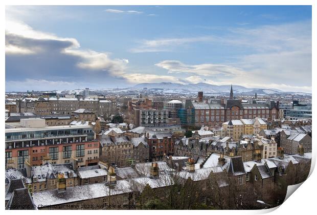 panoramic view of Edinburgh in winter with snow looking south towards Blackford Hill & Pentland Hills Print by Chris Mann