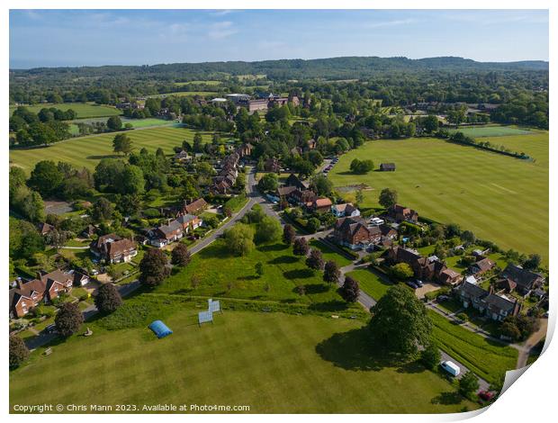 Aerial view of Cranleigh Surrey UK looking east Print by Chris Mann