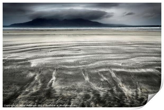 Laig  Bay Isle of Eigg - Spectacular Views of Rhum Print by Peter Paterson