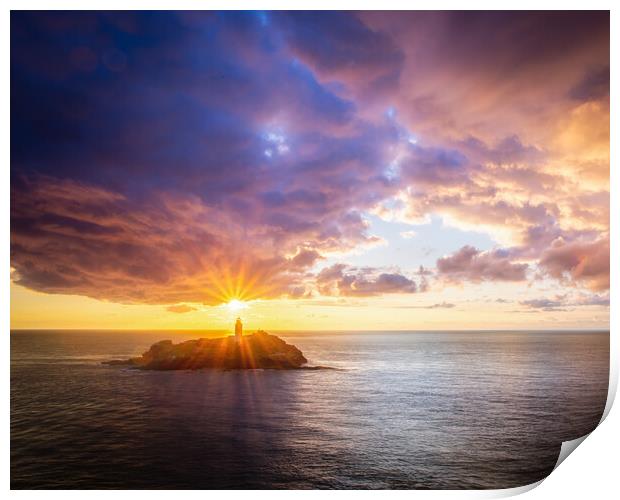 Sunset over Godrevy Lighthouse Print by Matthew Grey