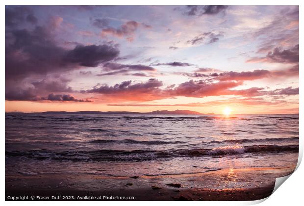 Sunset over Arran from Ayr Beach, Scotland Print by Fraser Duff