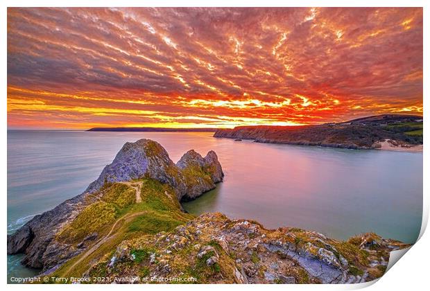 Three Cliffs Bay Sunset Gower Wales Print by Terry Brooks