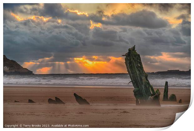 Helvetia Shipwreck  Rhossili Bay and Worm's Head Sunset Print by Terry Brooks