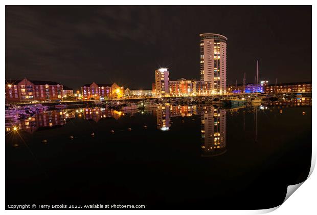 Swansea Marina at Night Reflecting in the Water Print by Terry Brooks
