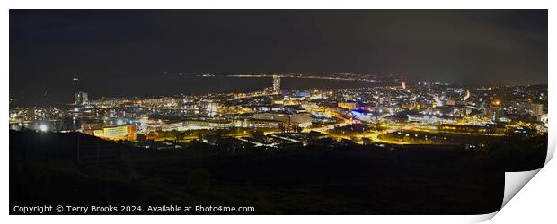 Swansea City Night Time Panorama Print by Terry Brooks