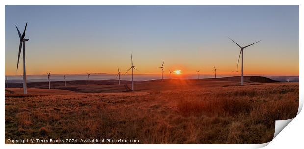Sunset Panorama Over Betws Mountain Wind Farm Print by Terry Brooks