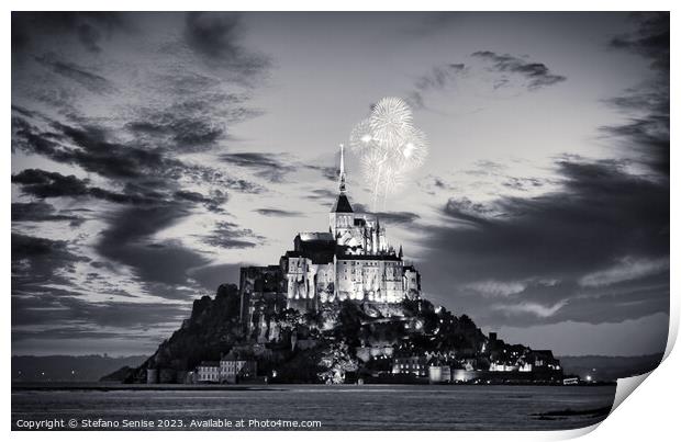 Mount Saint Michel at night Black and White Print by Stefano Senise