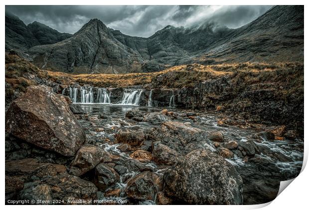 View of Main Waterfall of River Brittle, The Fairy Pools, Glenbrittle, Isle of Skye, Scotland Print by Steve 