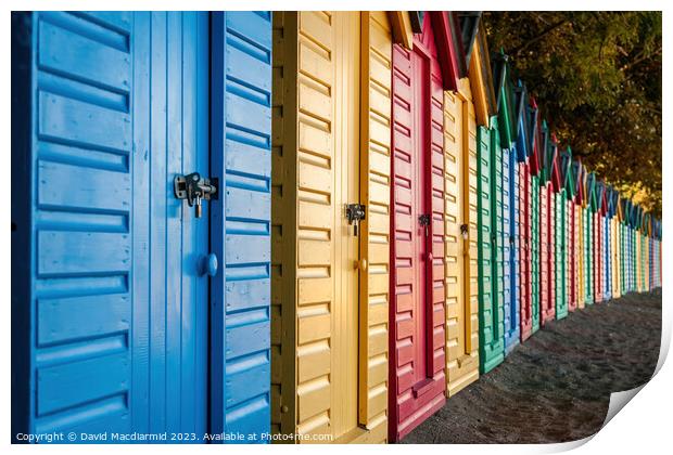 Beach huts at Llanbedrog Beach Print by David Macdiarmid