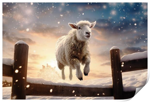Sheep jumping over fence  Print by CC Designs