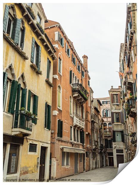 Empty Pastel Colored Venetian Street During Winter Print by Madeleine Deaton