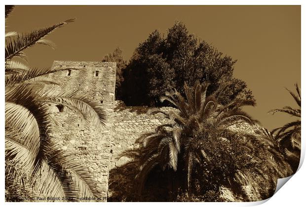 Alcazaba walls with trees, Malaga, sepia Print by Paul Boizot