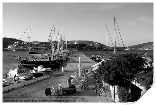 Lipsi morning boats and ouzerie, monochrome Print by Paul Boizot